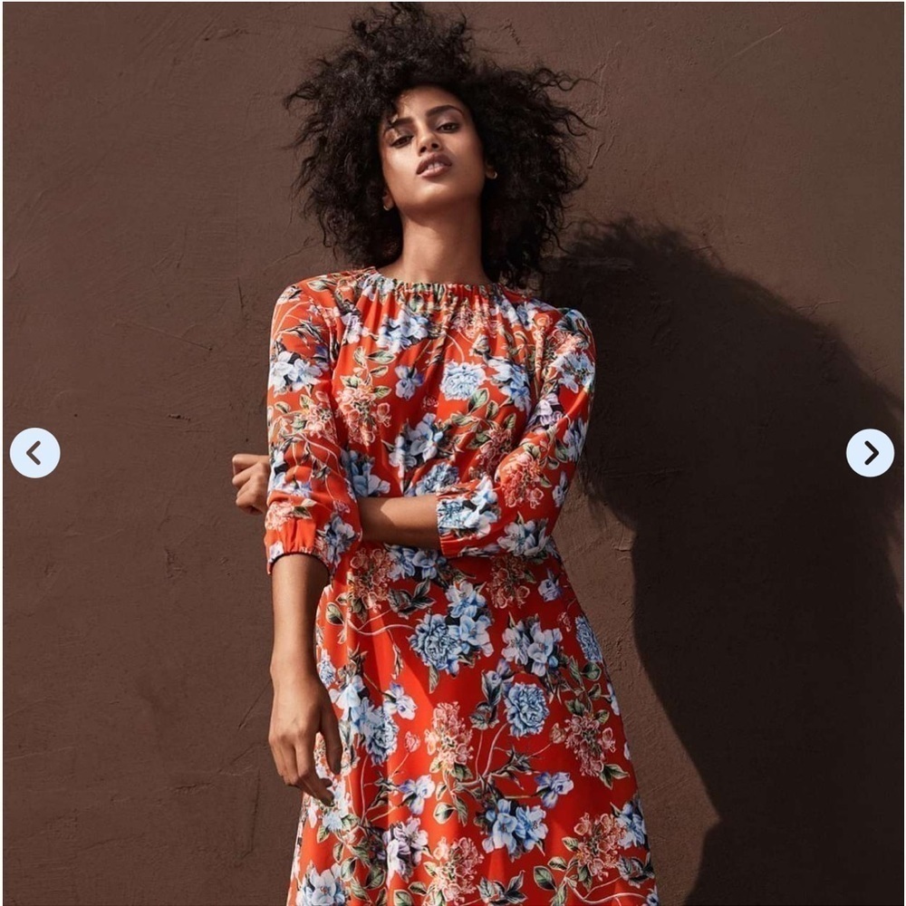 H&M Dark Orange Floral Print Creped Midi Dress 8